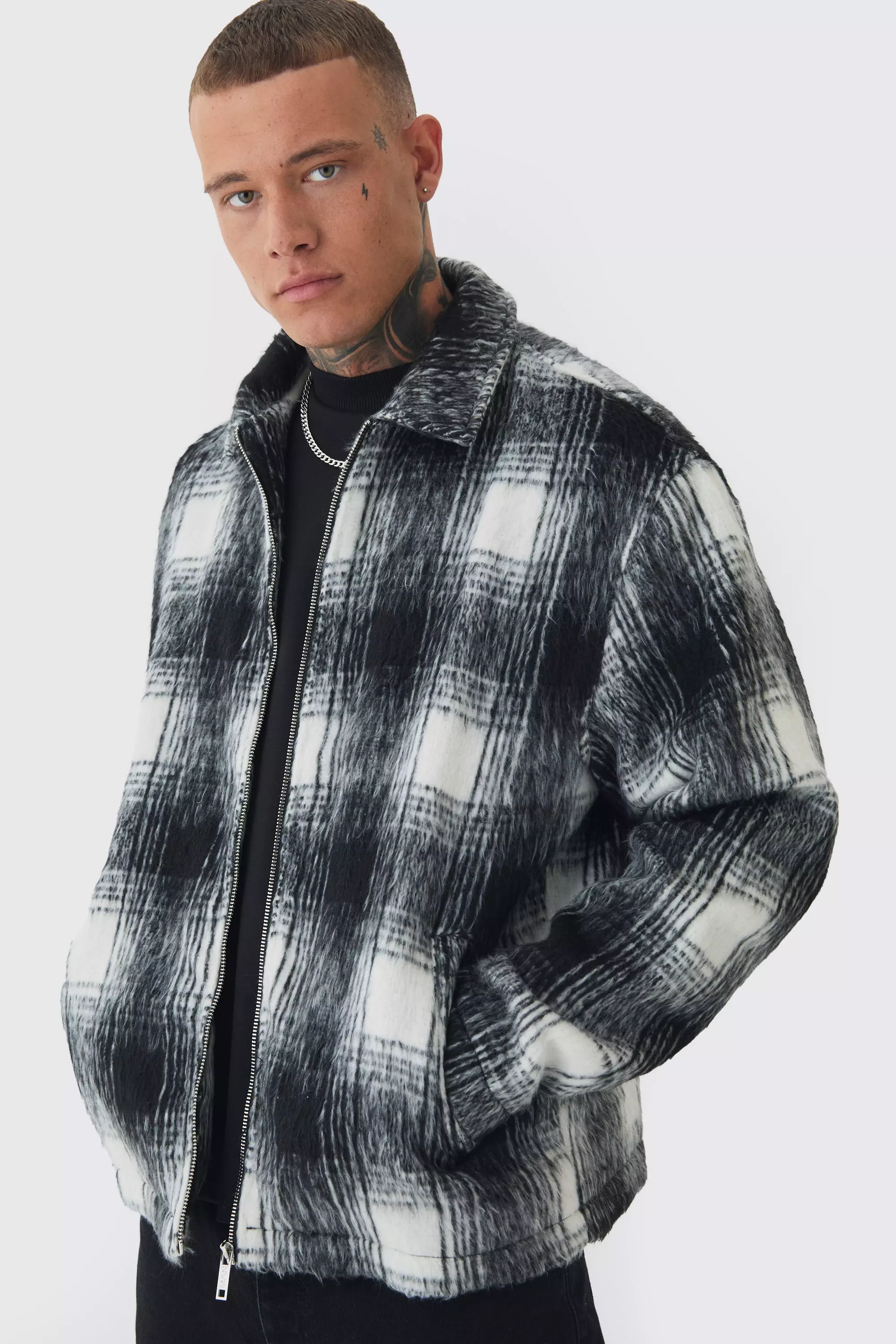 Tall Brushed Check Collared Harrington Jacket In Black alternative image