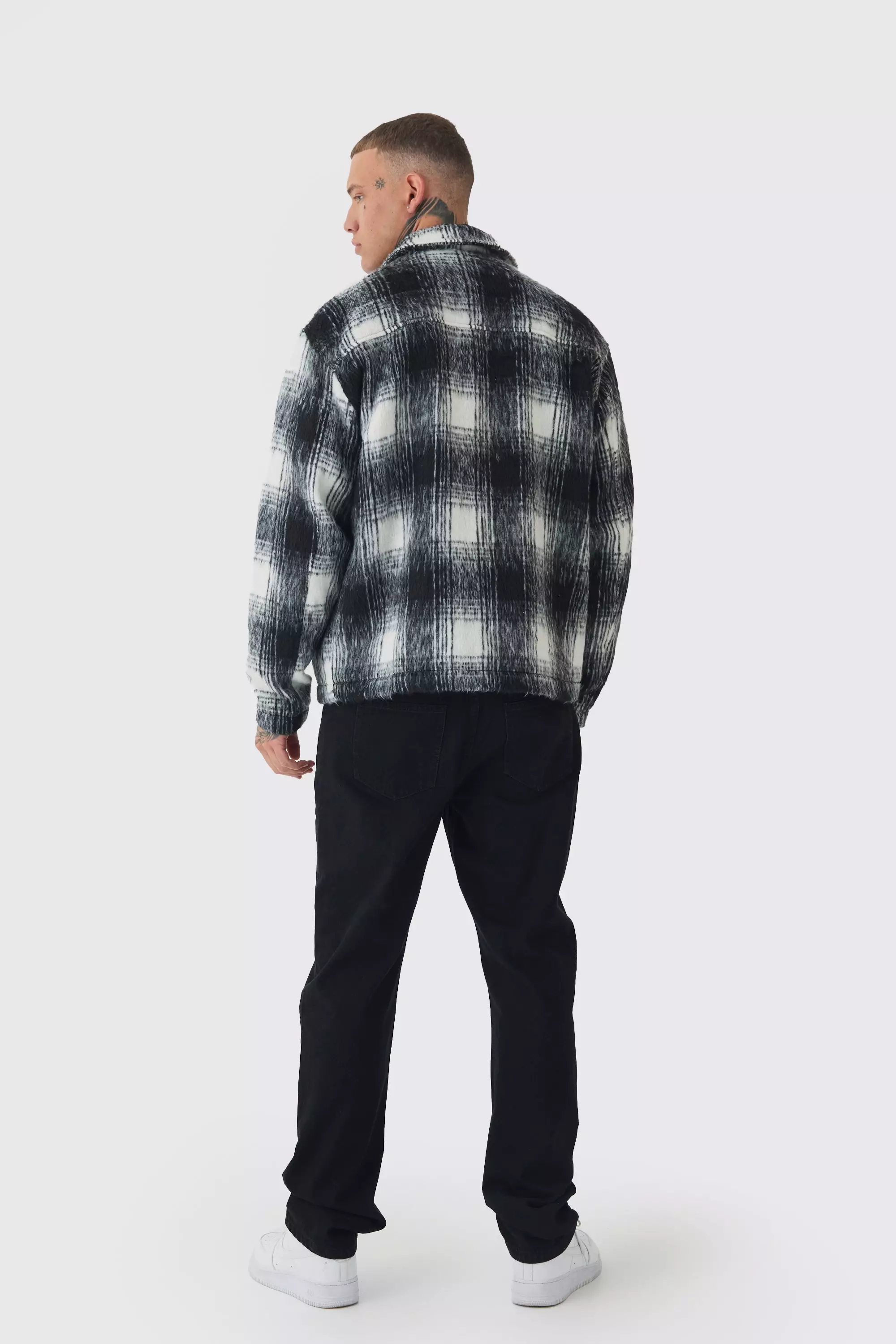 Tall Brushed Check Collared Harrington Jacket In Black alternative image