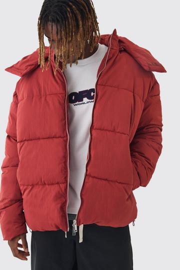 Tall Extended Funnel Neck Hooded Puffer Jacket In Rust rust