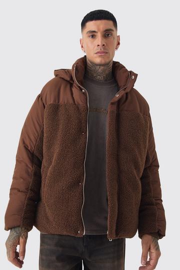 Brown Tall Borg And Nylon Padded Coat In Chocolate