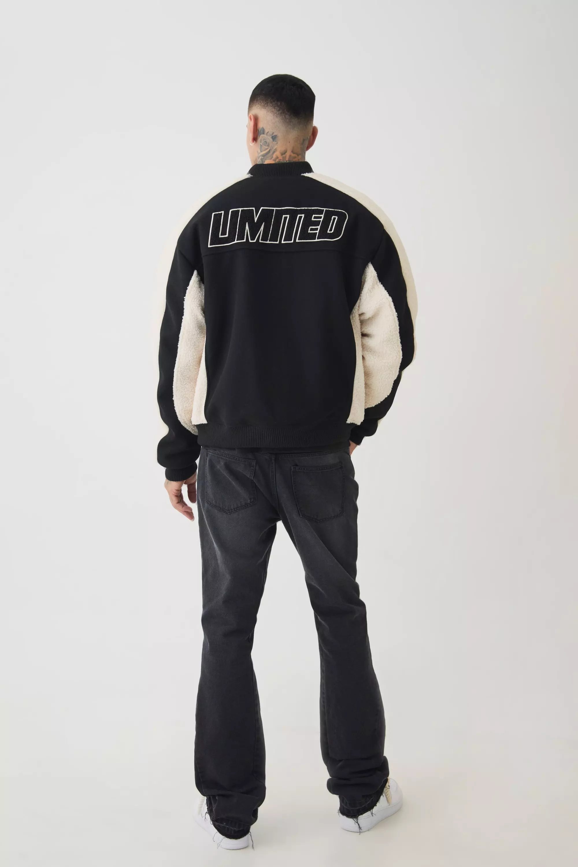 Tall Limited Applique Borg And Melton Bomber Jacket In Black صورة بديلة