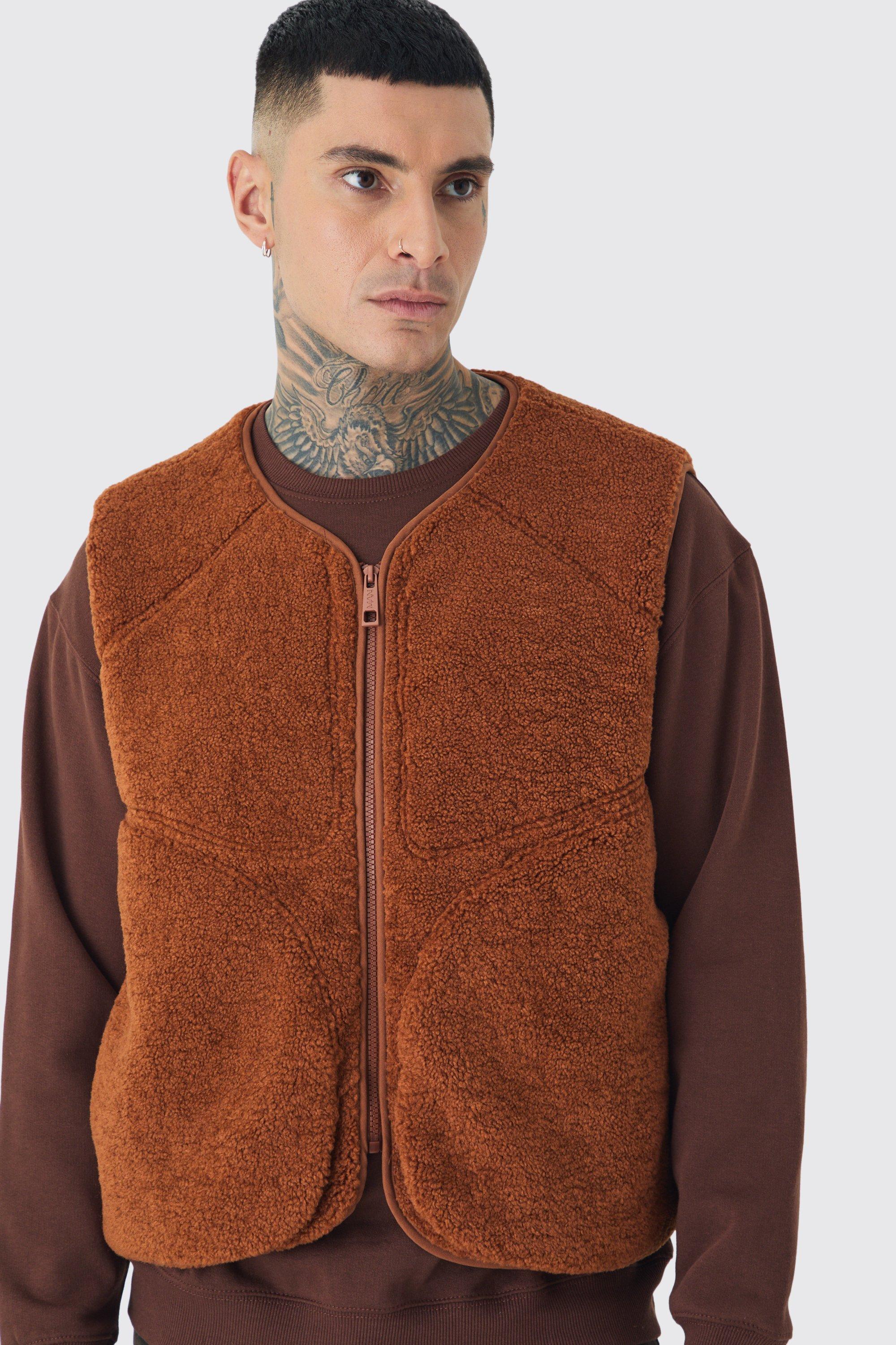 Tall Boxy Borg Pocket Detail Gilet In Tan boohoo DK