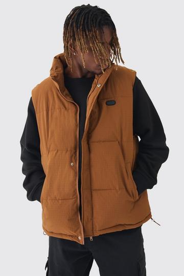 Brown Tall Man Ripstop Funnel Neck Puffer Gilet In Tan