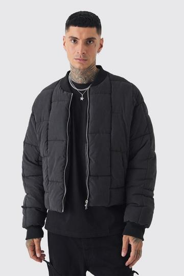 Black Tall Boxy Peached Square Quilted Bomber Jacket