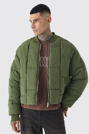 Khaki Tall Boxy Peached Square Quilted Bomber Jacket