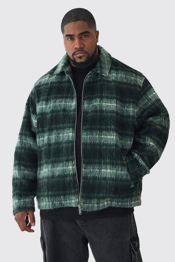 Green Plus Brushed Check Collared Harrington Jacket In Green