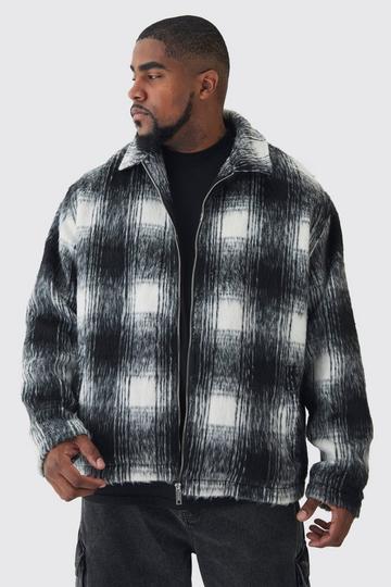 Plus Brushed Check Collared Harrington Jacket In Black black