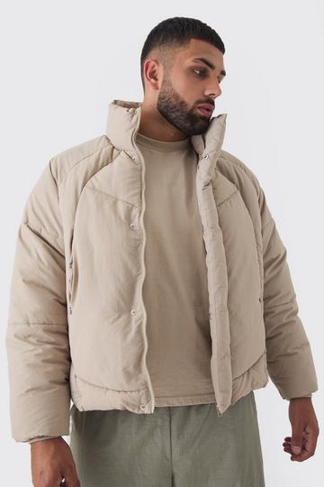 Plus Abstract Quilted Funnel Neck Puffer Jacket In Stone stone