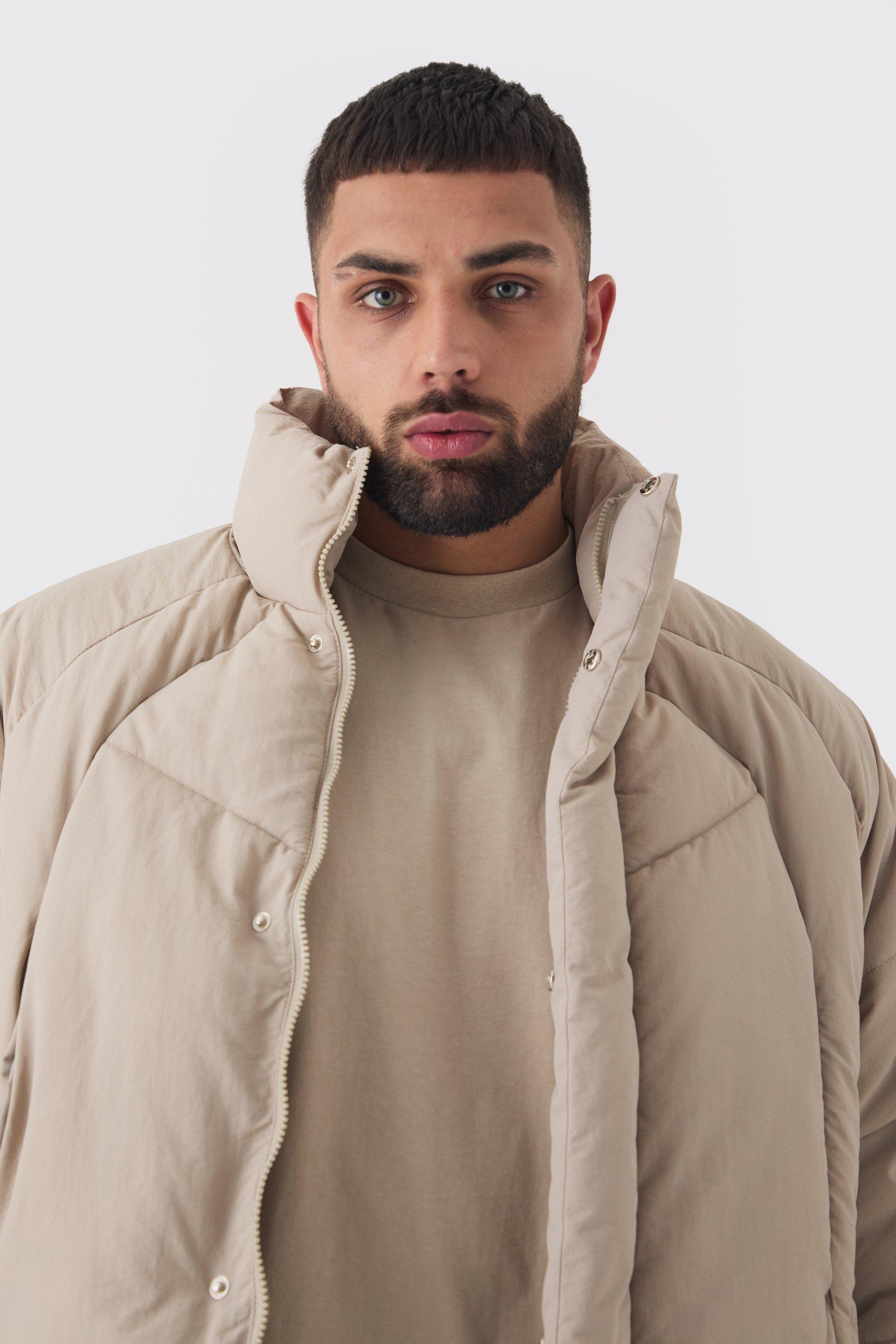 boohooMAN Men s Plus Abstract Quilted Funnel Neck Puffer Jacket In Stone Beige