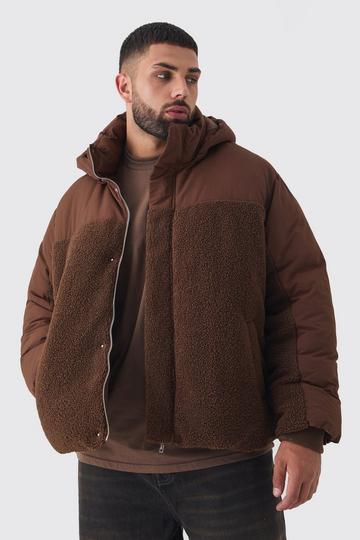 Brown Plus Borg And Nylon Padded Coat In Chocolate