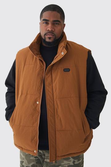 Brown Plus Man Ripstop Funnel Neck Puffer Vest In Tan