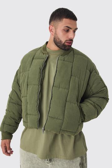 Khaki Plus Boxy Peached Square Quilted Bomber Jacket