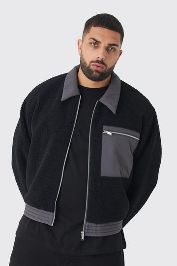 Plus Boxy Borg And Nylon Collared Bomber Jacket In Black black