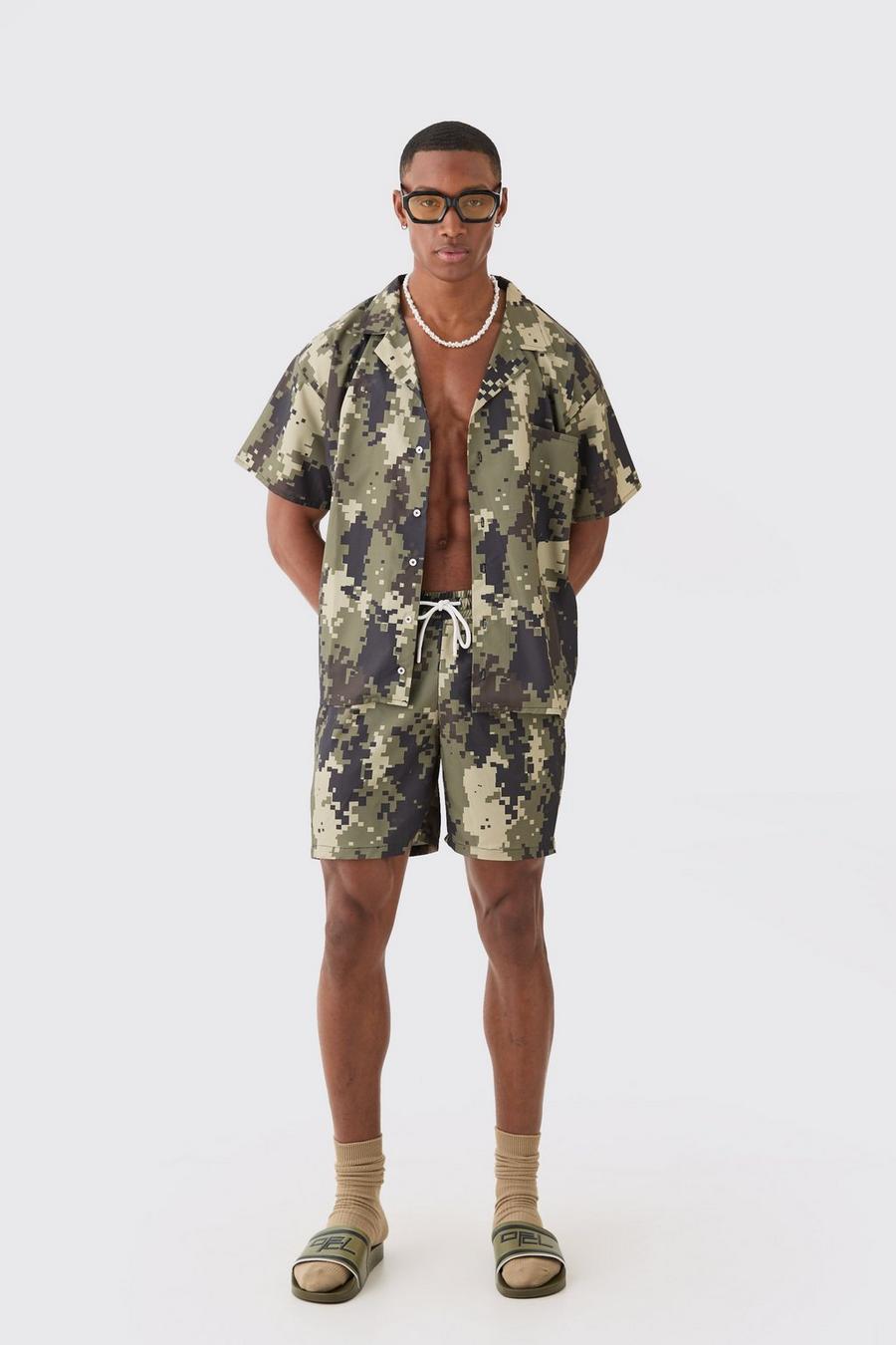 Khaki Boxy Ripstop Blur Camo Shirt & Mid Length Swim Short Set image number 1