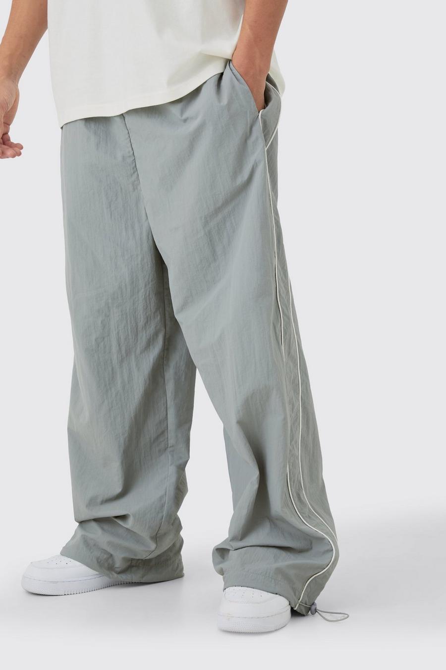Grey Elastic Waist  Side Stripe Parachute Pants