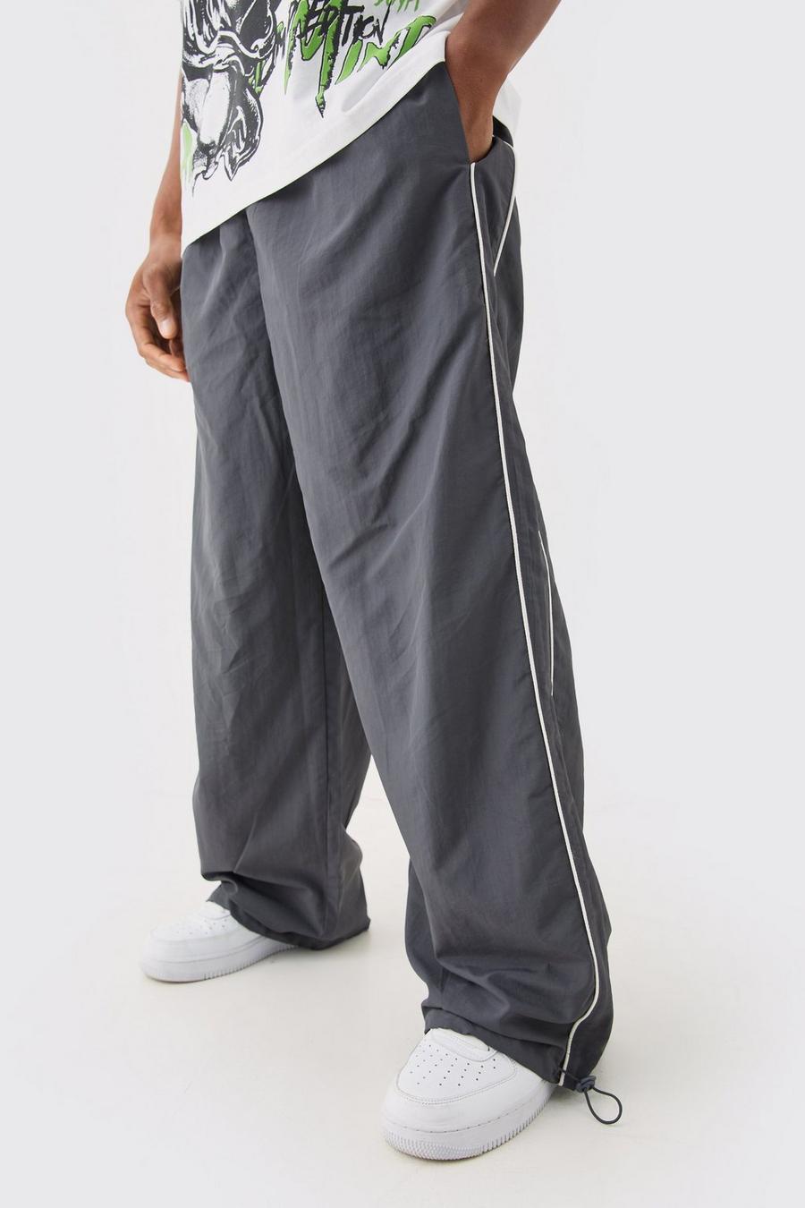 Charcoal Elastic Waist  Side Stripe Parachute Pants