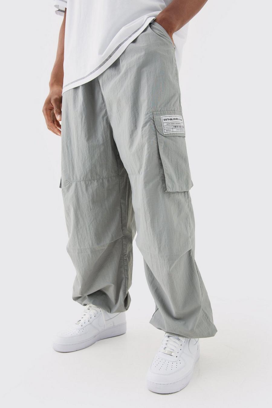 Grey Elasticated Waist Woven Tab Parachute Pants image number 1