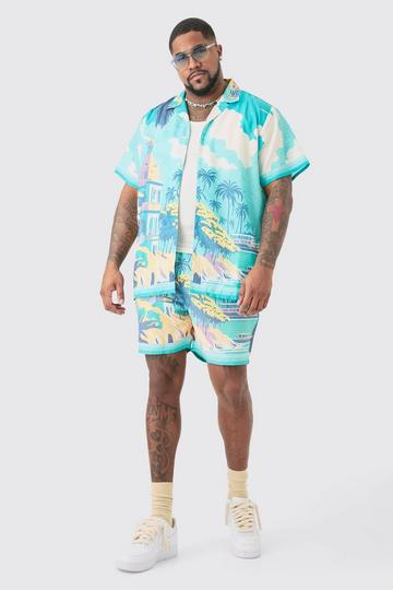 Plus Regular Landscape Print Shirt & Swim Short Set blue