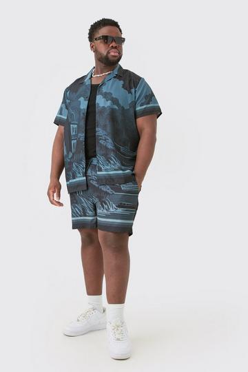 Plus Regular Landscape Grayscale Print Shirt & Swim Short Set black