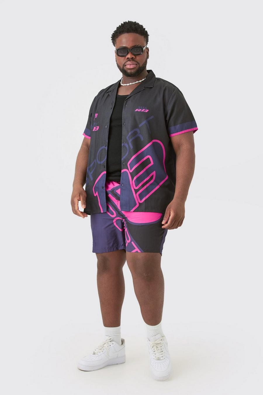 Black Plus Regular Moto Print Shirt & Swim Short Set