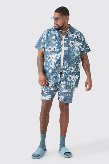 Black Plus Regular Floral Print Shirt & Swim Short Set