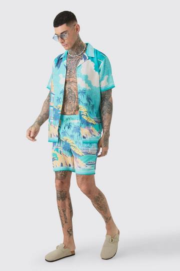 Tall Regular Landscape Print Shirt & Swim Short Set blue