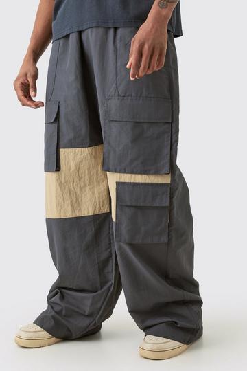 Charcoal Grey Tall Color Block Cargo Parachute Pants