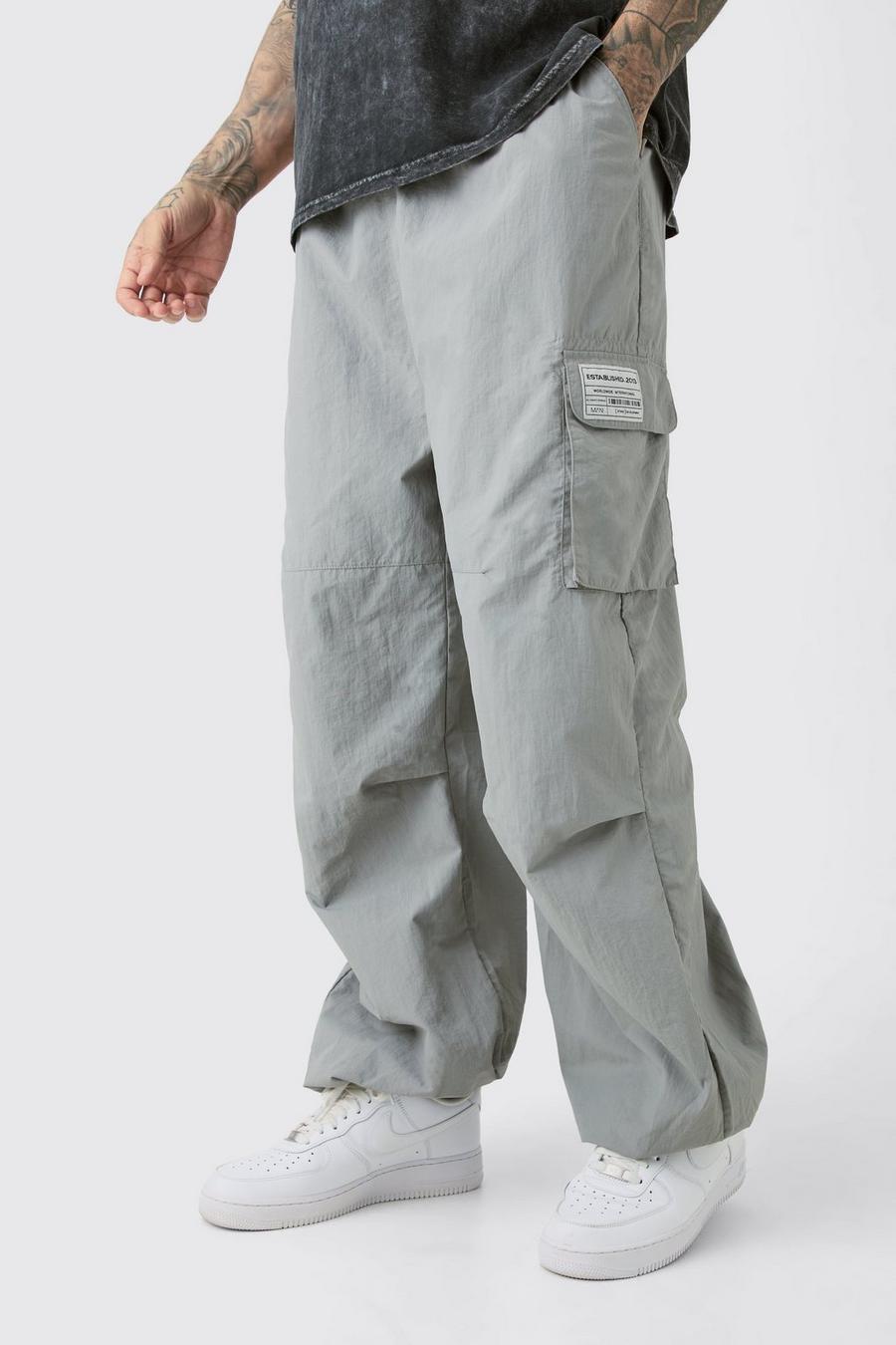 Grey Tall Pleat Knee Branded Parachute Pants