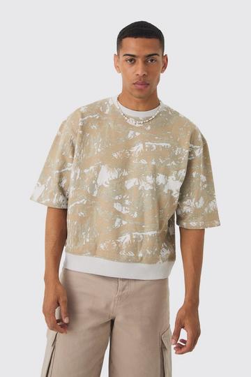 Stone Beige Oversized Boxy Short Sleeve Forest Printed Sweatshirt