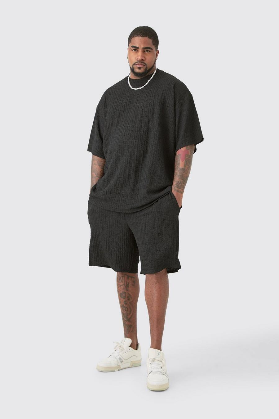 Black Plus Crinkle Textured T-Shirt & Short Set