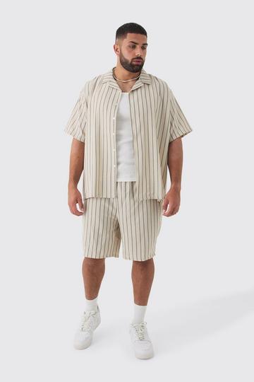 Plus Stripe Linen Revere Collar Shirt & Short Set natural