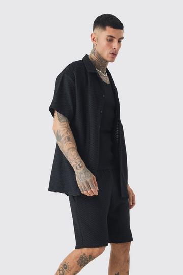 Black Tall Textured Jersey Resort Shirt & Short Set