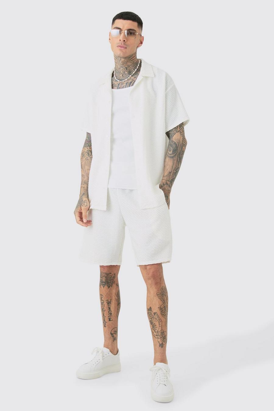 White Tall Textured Jersey Resort Shirt & Short Set image number 1