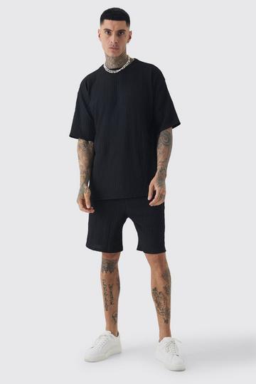 Black Tall Crinkle Textured T-Shirt & Short Set