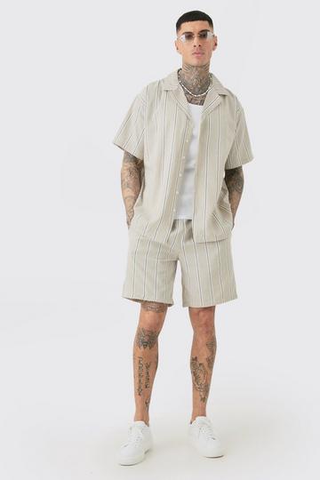 Tall Stripe Linen Revere Collar Shirt & Short Set natural