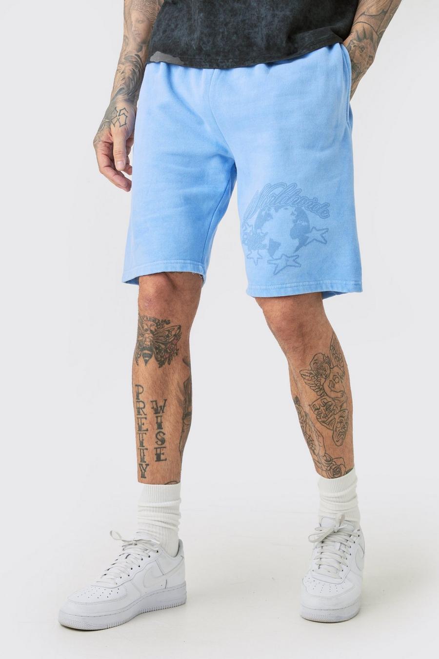 Tall blaue Oversize Shorts mit Worldwide-Print, Blue