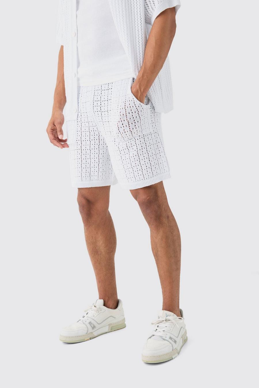 Crochet Knitted Mid Length Shorts In White