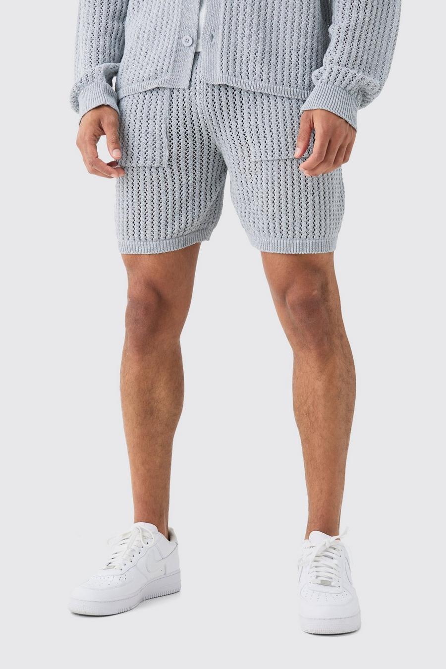 Crochet Open Knit Mid Length Shorts In Grey