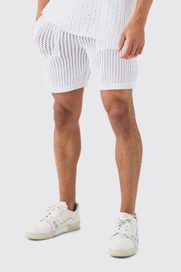 White Crochet Open Knit Mid Length Shorts In White