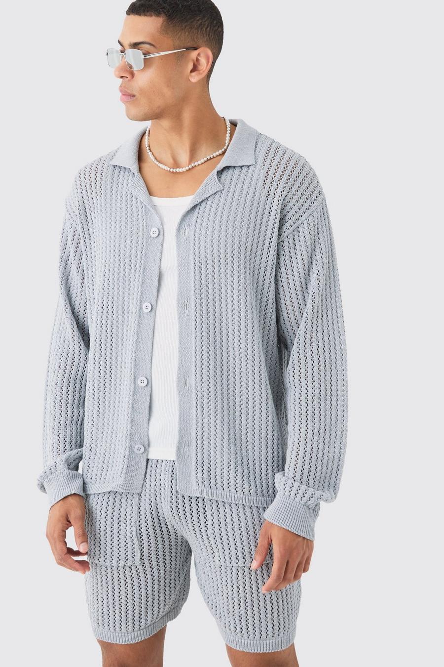 Relaxed Crochet Open Knit Long Sleeve Shirt In Grey