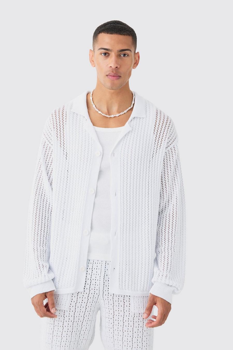 Relaxed Crochet Open Knit Long Sleeve Shirt In White