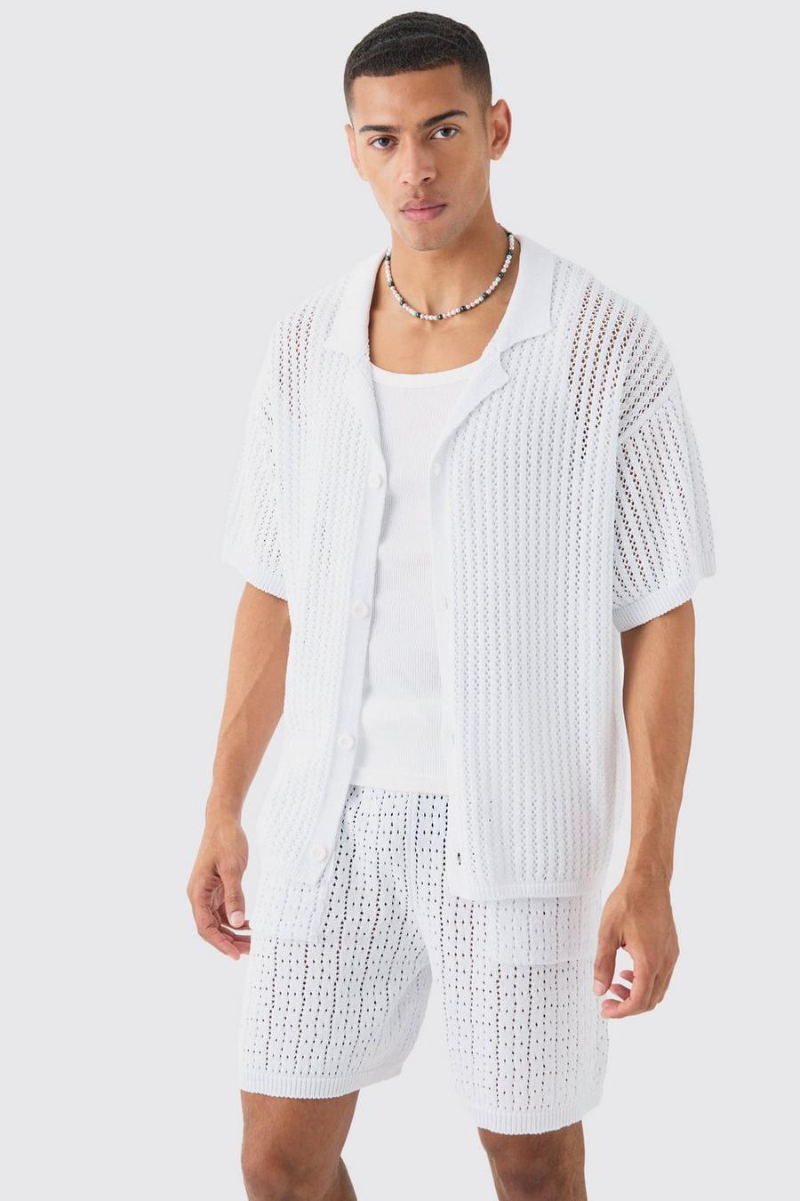 Boxy Crochet Open Knit Revere Shirt In White