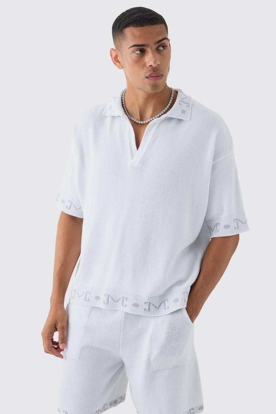 Relaxed Jacquard Detail Knitted Polo In White image number 1