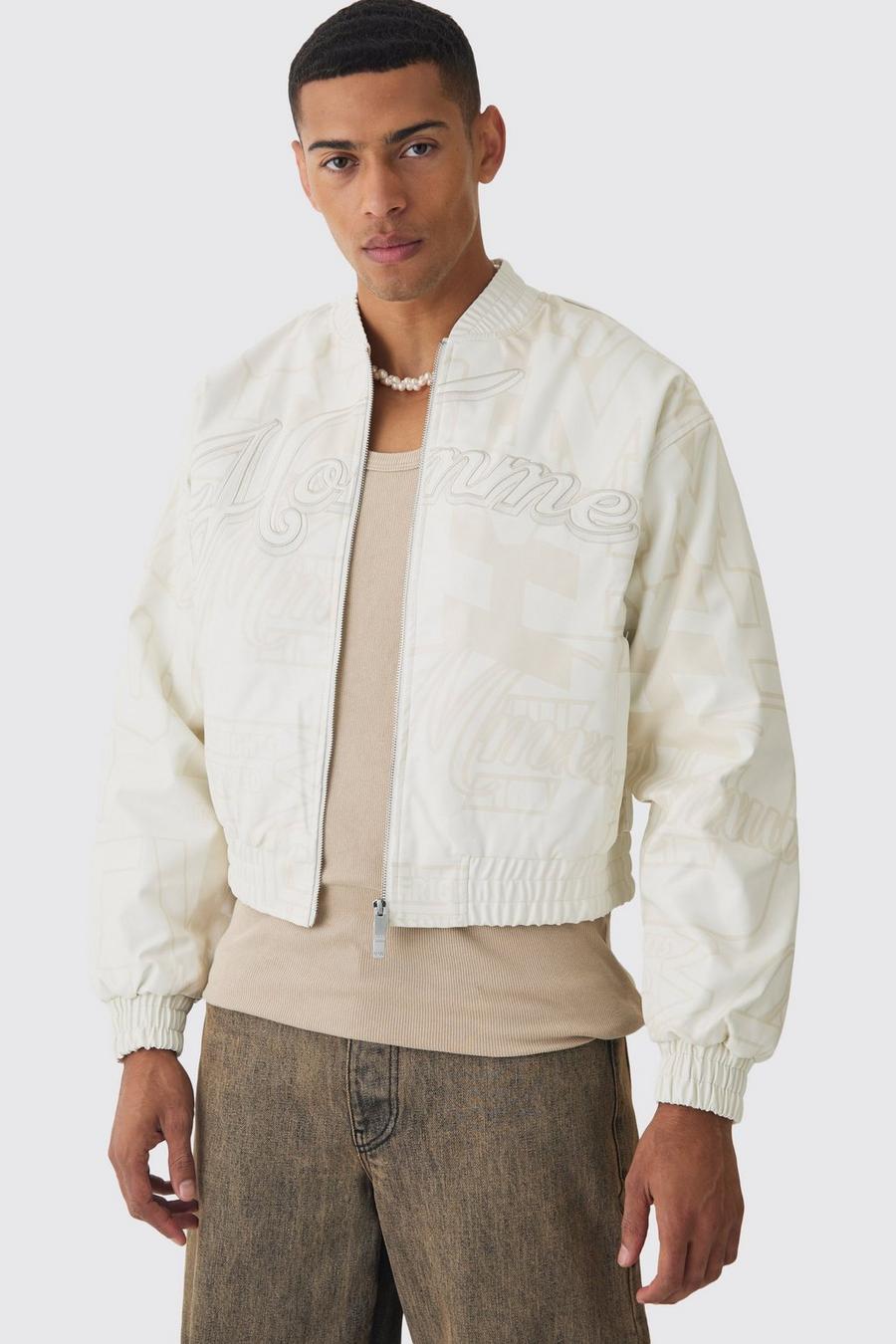 Boxy Homme Printed Bomber Jacket In White image number 1