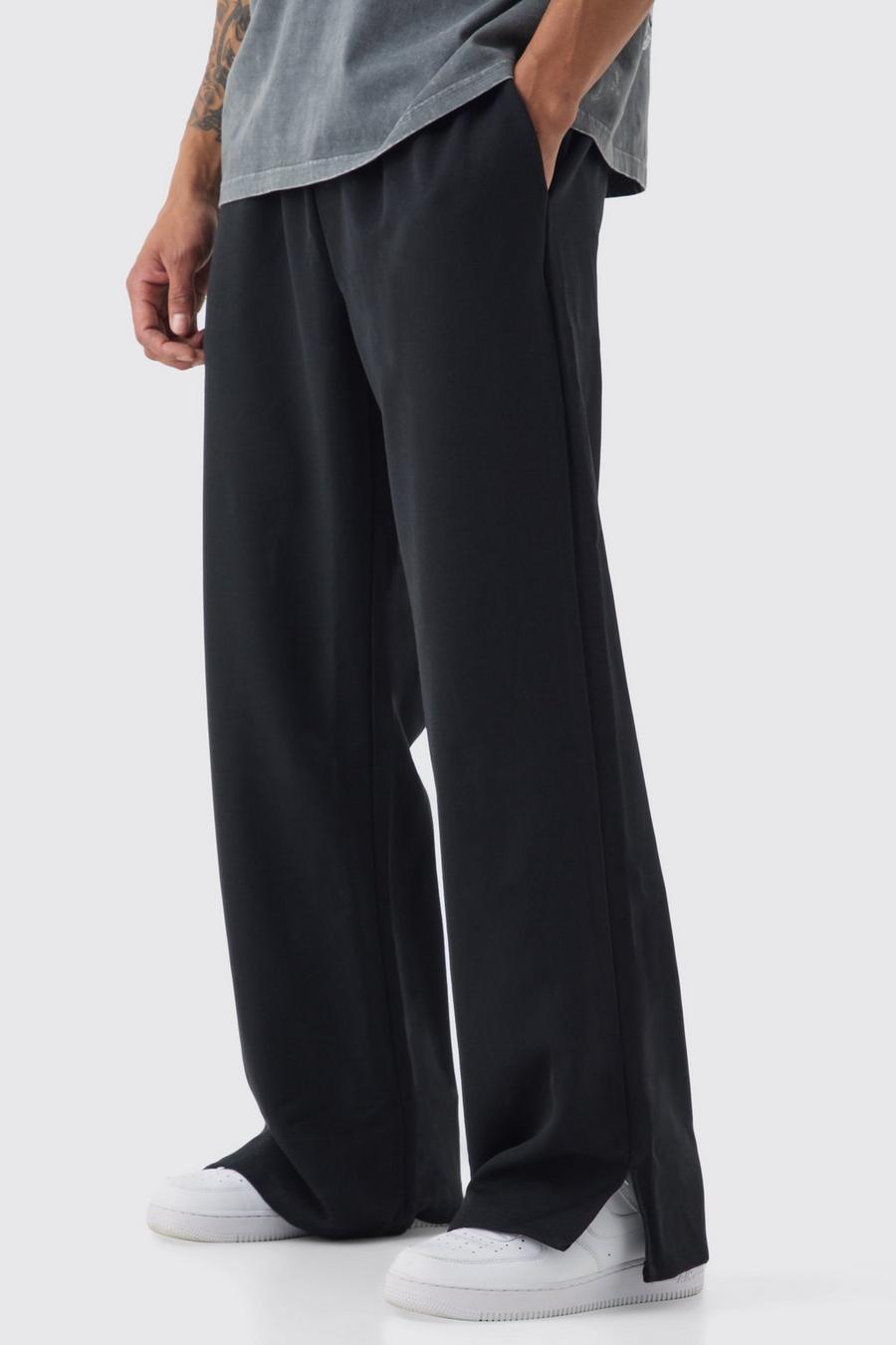 Pantalón de pernera ancha con abertura en el bajo y cordón elástico en la cintura, Black