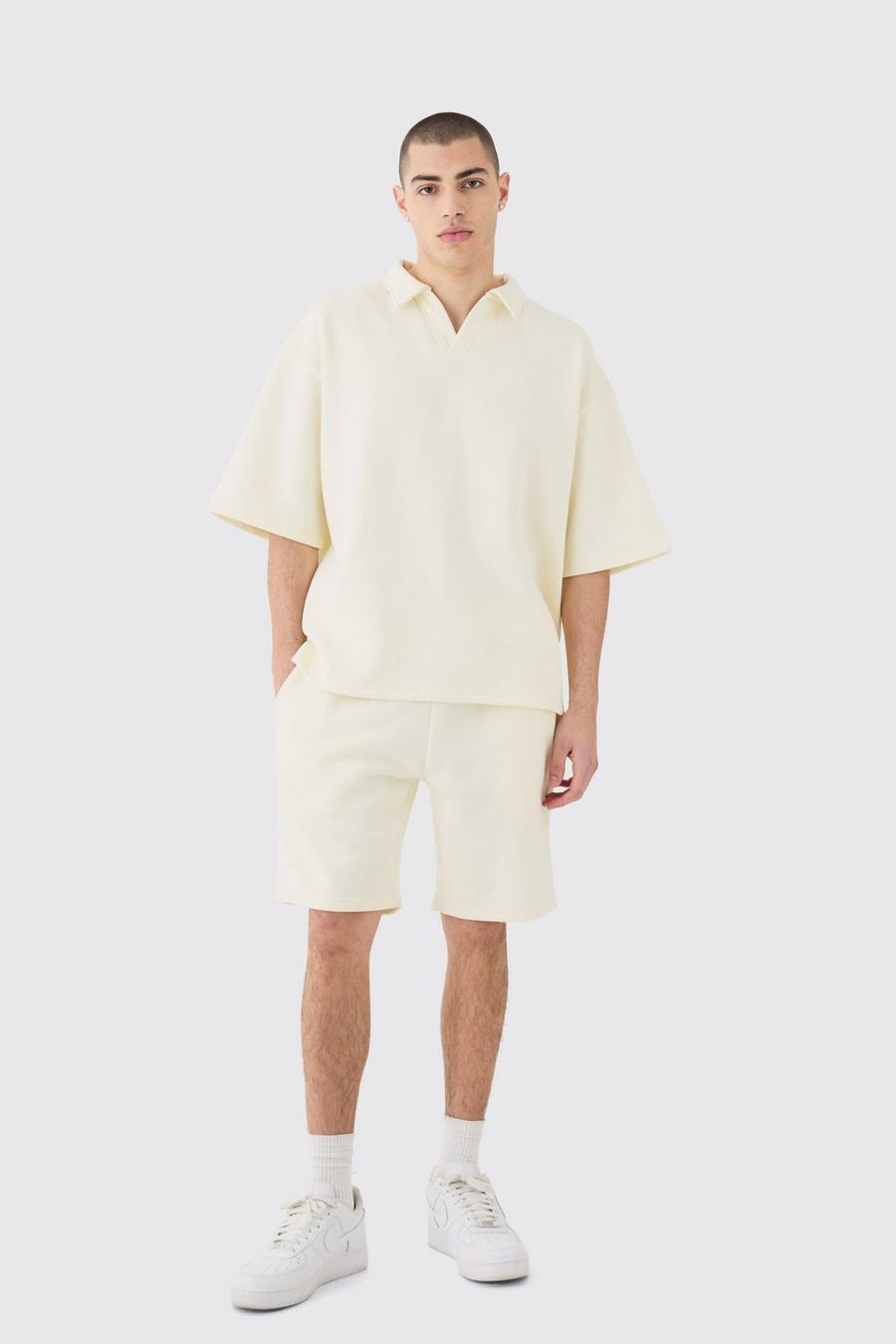 Ecru Oversized Rugby Revere Half Sleeve Sweat And Shorts Set