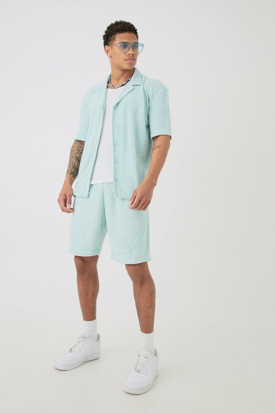Pastel blue Drop Revere Towelling Embroidered Shirt And Short Set