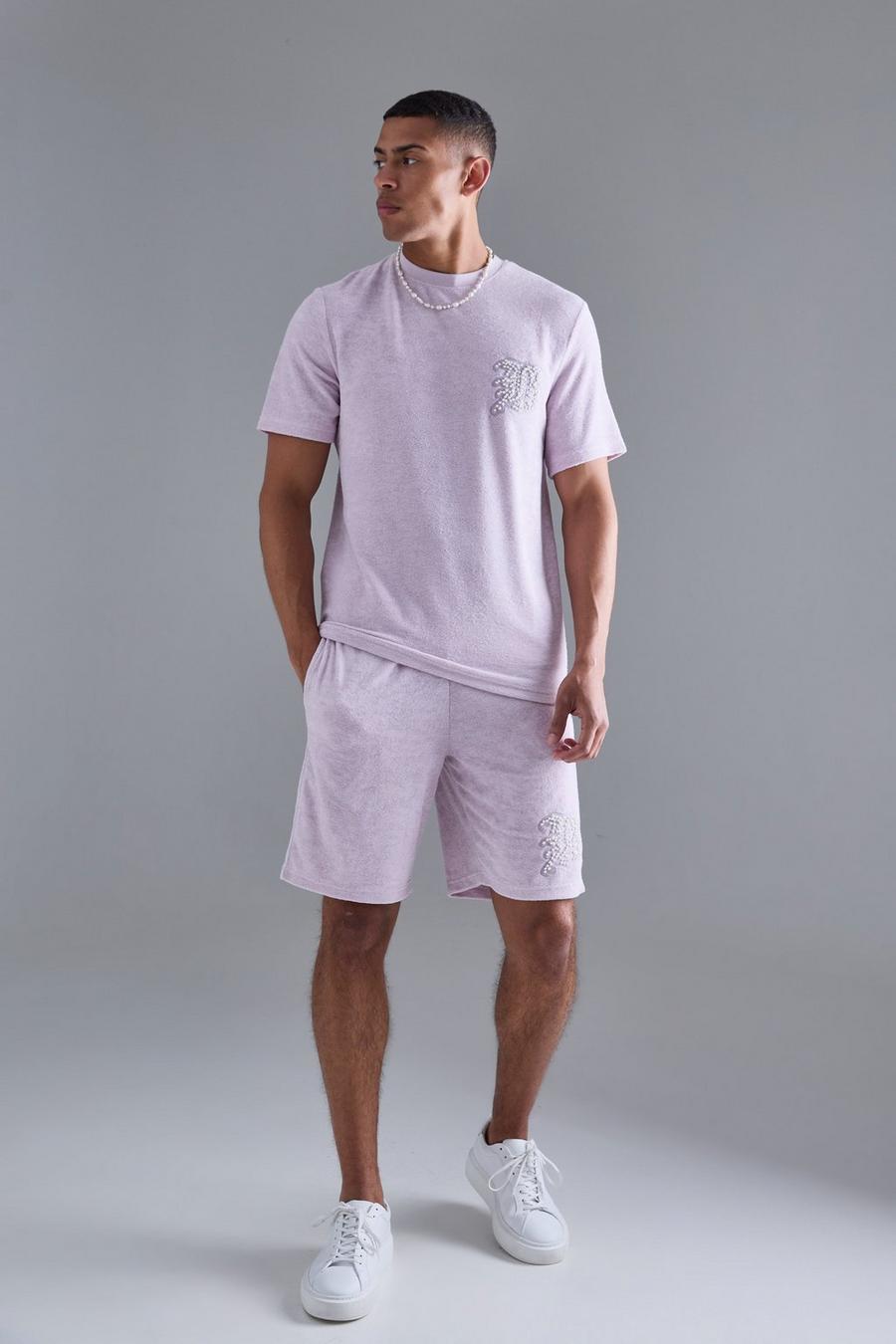 Lilac Geborduurd Badstoffen Regular Fit Parel T-Shirt En Shorts Set