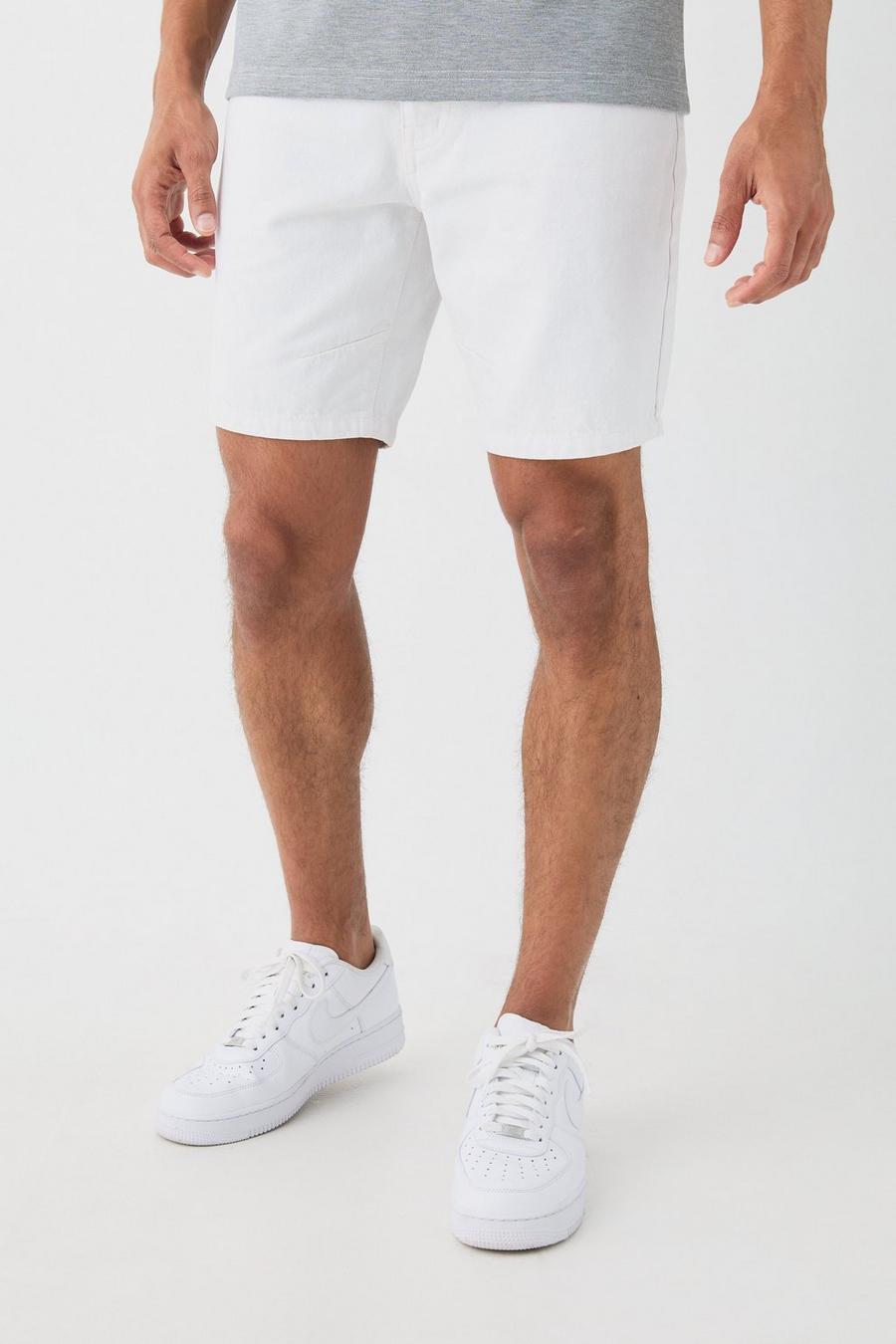 White Straight Rigid Denim Shorts With Woven Label