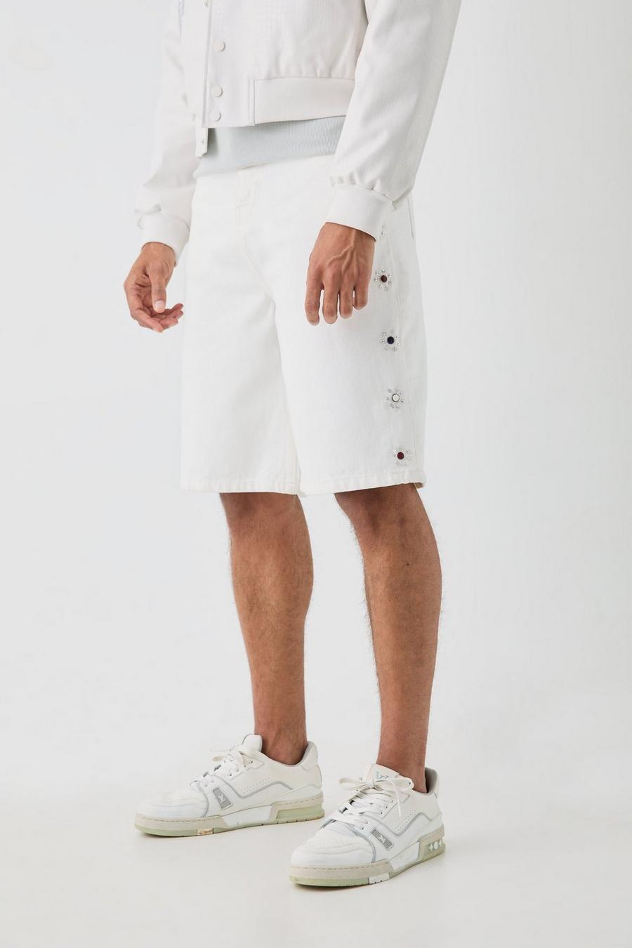 White Regular Embellished Jorts with Woven Label